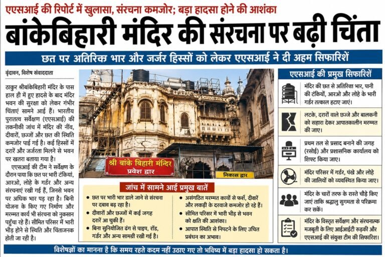 बांकेबिहारी मंदिर की संरचना पर बढ़ी चिंता, एएसआई ने जताया सुरक्षा जोखिम