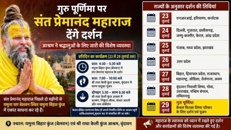 गुरु पूर्णिमा पर संत प्रेमानंद महाराज देंगे दर्शन, श्रद्धालुओं के लिए आश्रम ने जारी की विशेष व्यवस्था