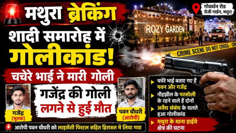 मथुरा ब्रेकिंग: शादी समारोह में गोलीकांड, चचेरे भाई ने मारी गोली — युवक की मौत, आरोपी पिस्टल समेत हिरासत में