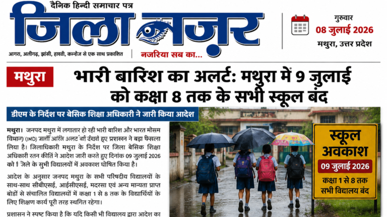 भारी बारिश का अलर्ट: मथुरा में कक्षा 8 तक के सभी स्कूल 9 जुलाई को बंद, डीएम के निर्देश पर BSA ने जारी किया आदेश